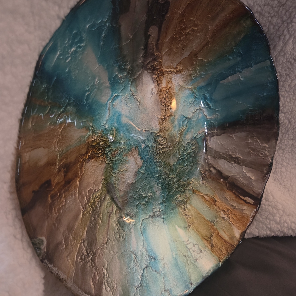 Stunning Large Multicolored Art Glass Bowl Blue, Brown,& White Swirl Centerpiece - Picture 2 of 15